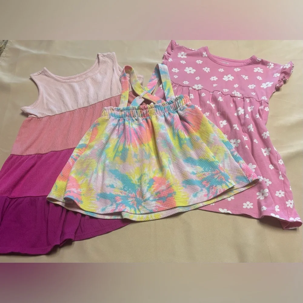 Lot of 3 - Girl Dresses Sz 5T Pink Floral Flowy Casual Tie Dye Lounge School
